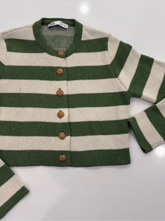 Zara Sweaters - ZARA Green & Cream Striped Knit Cardigan Size Small